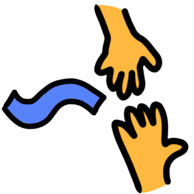 Two yellow hands, one reaching out to the other for support, and the other reaching to give assistance.  To the left is a blue way line.